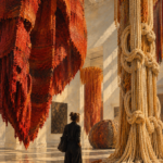 Oil painting of monumental fiber art sculptures suspended in a museum gallery, showing woven, knotted, and hanging textiles transformed into three-dimensional sculptural forms.