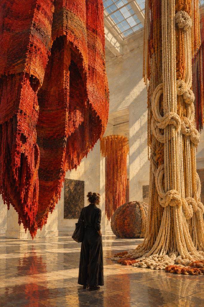 Oil painting of monumental fiber art sculptures suspended in a museum gallery, showing woven, knotted, and hanging textiles transformed into three-dimensional sculptural forms.