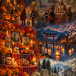Oil painting connecting Halloween with Día de Muertos, Toraja ancestor traditions, Japanese Obon lanterns, and Qingming grave rituals across cultures.
