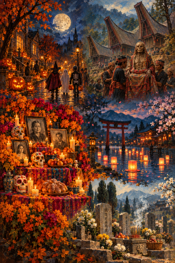 Oil painting connecting Halloween with Día de Muertos, Toraja ancestor traditions, Japanese Obon lanterns, and Qingming grave rituals across cultures.