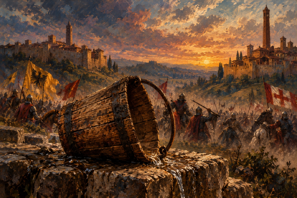 Oil painting of the 1325 War of the Bucket between Modena and Bologna, with a wooden bucket in the foreground and medieval armies fighting at sunset.