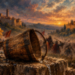 Oil painting of the 1325 War of the Bucket between Modena and Bologna, with a wooden bucket in the foreground and medieval armies fighting at sunset.