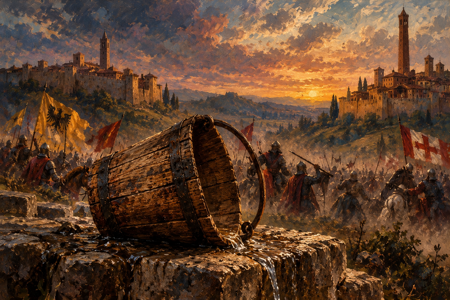 Oil painting of the 1325 War of the Bucket between Modena and Bologna, with a wooden bucket in the foreground and medieval armies fighting at sunset.
